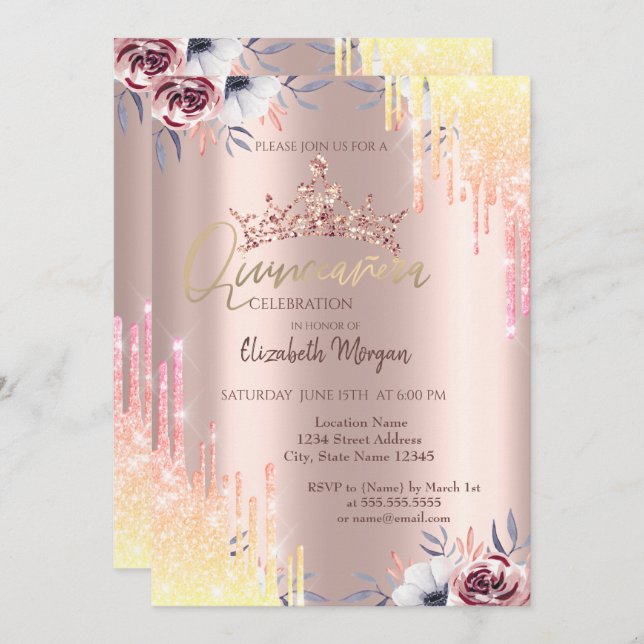 Rose Gold Tiara Blume Quinceañera Einladung (Vorne/Hinten)