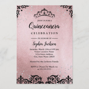 Rose Gold Tiara Damask Quinceanera Einladung
