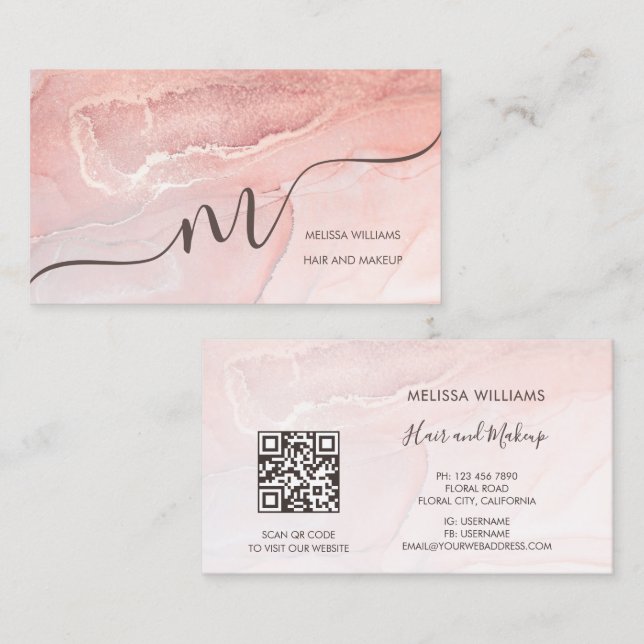 Rose Gold Tintenmarmor | QR Code Visitenkarte (Vorne/Hinten)