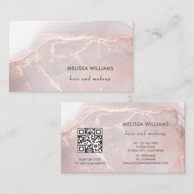 Rose Gold Tintenmarmor | QR-Code Visitenkarte (Vorne/Hinten)