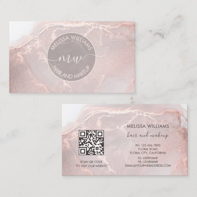 Rose Gold Tintenmarmor | QR Code Visitenkarte (Vorne/Hinten)