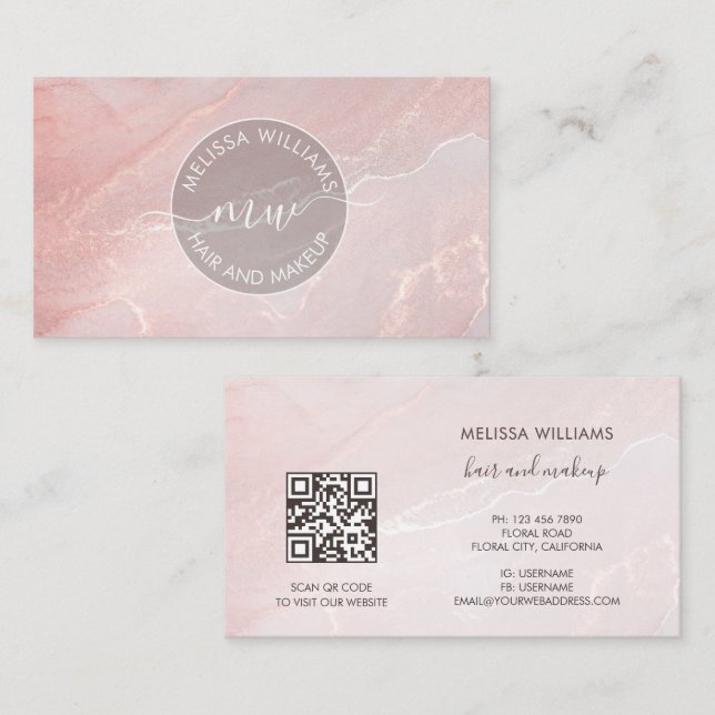 Rose Gold Tintenmarmor | QR Code Visitenkarte (Vorne/Hinten)