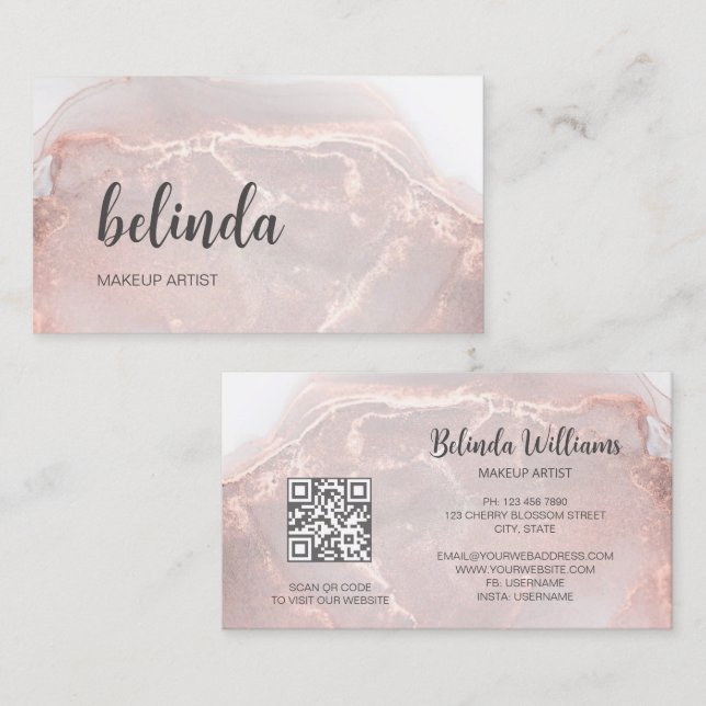 Rose Gold Tintenmarmor | QR-Code Visitenkarte (Vorne/Hinten)