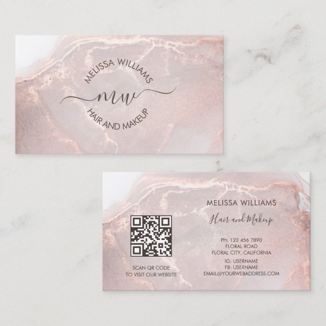 Rose Gold Tintenmarmor | QR-Code Visitenkarte (Vorne/Hinten)