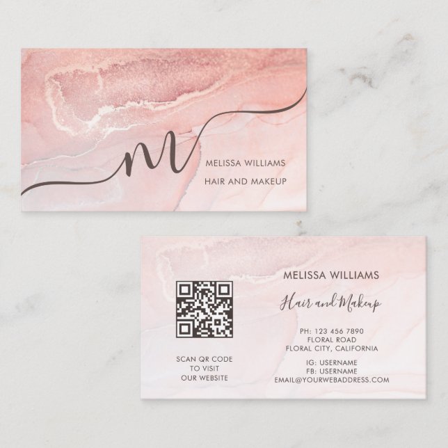 Rose Gold Tintenmarmor | QR Code Visitenkarte (Vorne/Hinten)