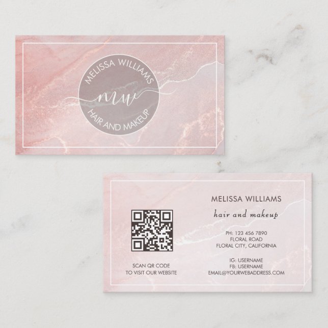 Rose Gold Tintenmarmor | QR Code Visitenkarte (Vorne/Hinten)