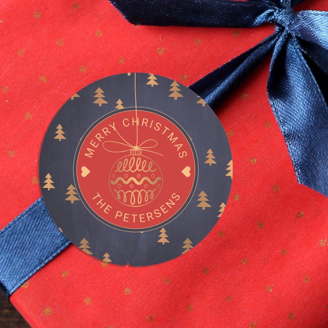 Rose Gold Tree Decke auf Navy Red Merry Weihnachte Runder Aufkleber (Von Creator hochgeladen)