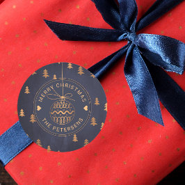 Rose Gold Tree Dekoration auf Navy Blue Frohe Weih Runder Aufkleber