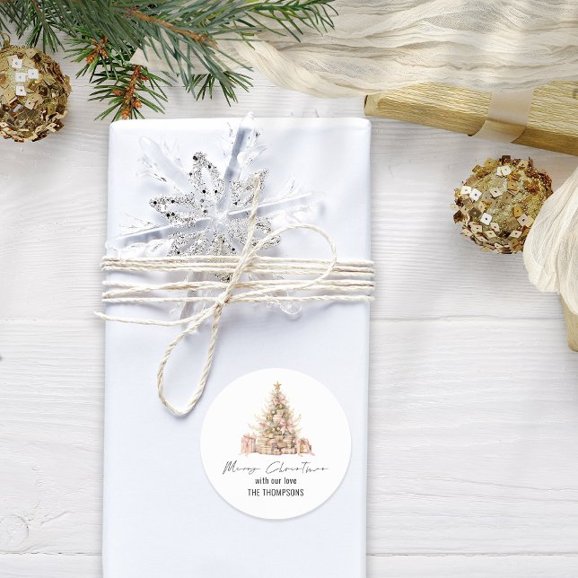 Rose Gold Tree Name Frohe Weihnachten Runder Aufkleber (Von Creator hochgeladen)