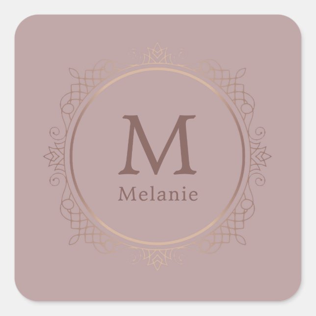 Rose Gold Trendy Monogram Elegant Template Quadratischer Aufkleber (Vorderseite)