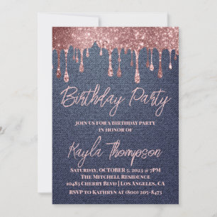 Rose Gold Tropfen Denim Geburtstagsparty Einladung