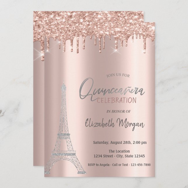 Rose Gold Tropfen, Eiffelturm Quinceanera Invitati Einladung (Vorne/Hinten)