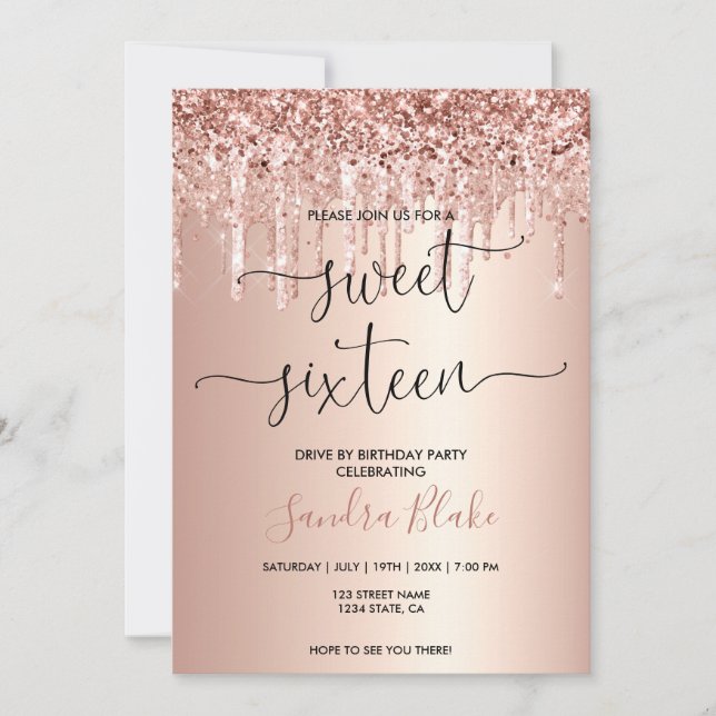 Rose Gold Tropfen Girly Modern Drive by Sweet 16 Einladung (Vorderseite)