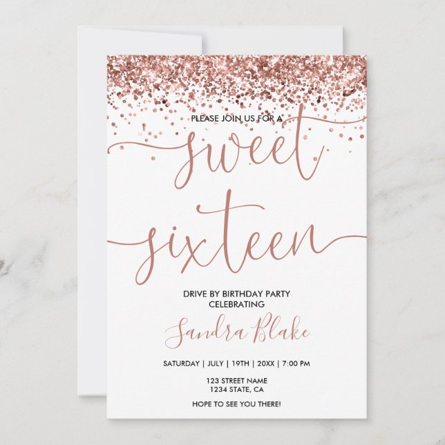 Rose Gold Tropfen Girly Modern Drive by Sweet 16 Einladung (Vorderseite)
