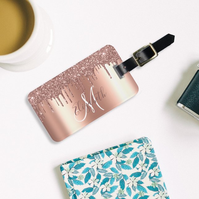 Rose Gold Tropfen Glitzer Metal Monogramm Gepäck Gepäckanhänger (Von Creator hochgeladen)