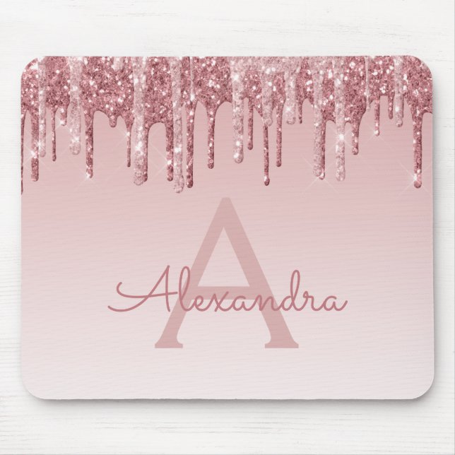 Rose Gold Tropfen Glitzer Monogram Pink Mousepad (Vorne)