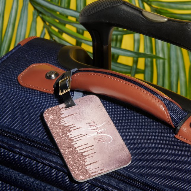 Rose Gold Tropfen Glitzer Monogramm Gepäck Gepäckanhänger (Vorderseite Insitu 1)