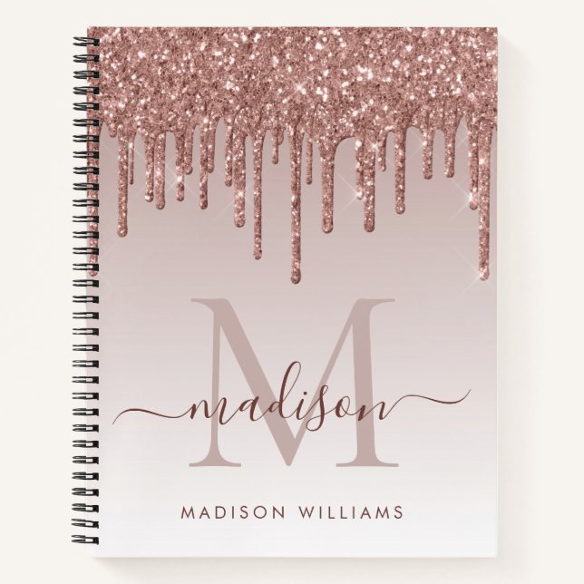 Rose Gold Tropfen Glitzer Sparkle Monogram Script Notizbuch (Vorderseite)