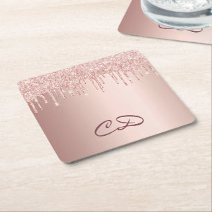 Rose Gold Tropfen Rosa Monogramm Initialen Rechteckiger Pappuntersetzer