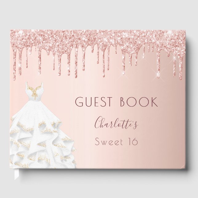 Rose Gold Tropfen rot Kleid Sweet 16 Gästebuch (Vorderseite)