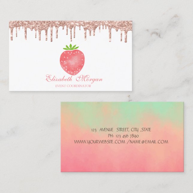 Rose Gold Tropfen Strawberry Business Card Visitenkarte (Vorne/Hinten)
