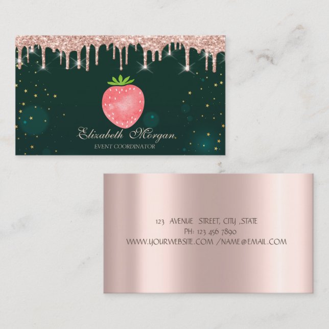 Rose Gold Tropfen Strawberry Green Business Card Visitenkarte (Vorne/Hinten)