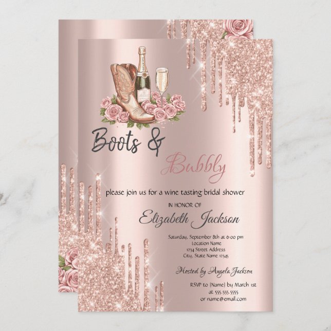 Rose Gold Tropfen Weinstiefel & Bubbly Bridal Einladung (Vorne/Hinten)