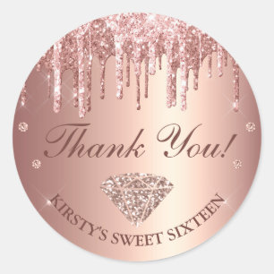 Rose Gold tropfende Glitter & Diamond Sweet 16 Runder Aufkleber
