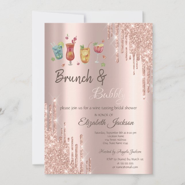 Rose Gold Tropfens Cocktails Brunch & Bubbly Einladung (Vorderseite)