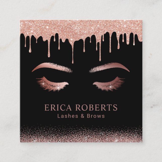 Rose Gold Tropfens Lashes & Brows Makeust Quadratische Visitenkarte (Vorderseite)