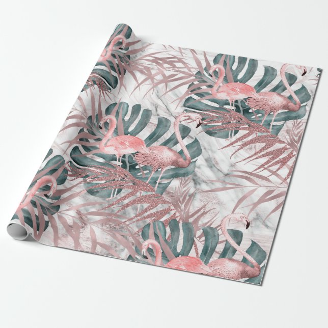 Rose Gold Tropical Flamingos Blätter & Marble Part Geschenkpapier (Ungerollt)