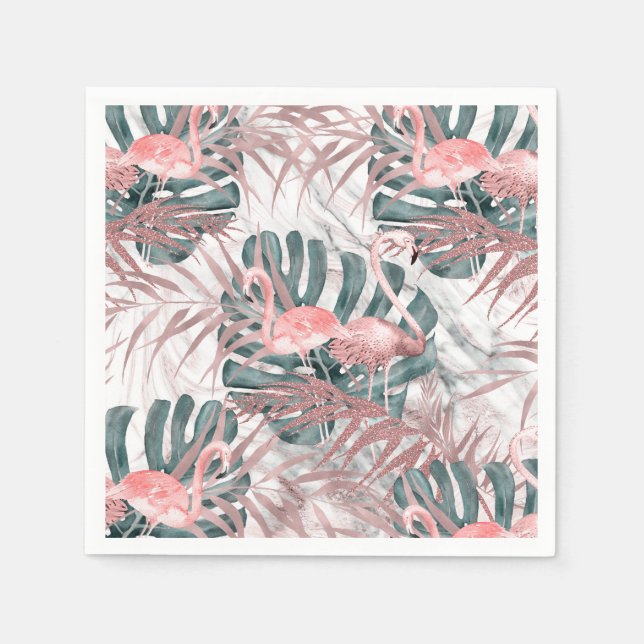 Rose Gold Tropical Flamingos Blätter & Marble Part Serviette (Vorderseite)