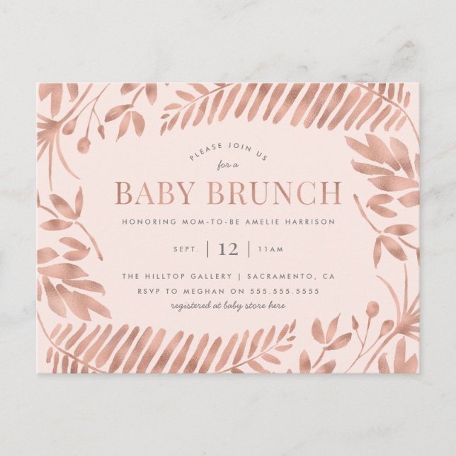 Rose Gold Tropical Greenerity Baby Brunch Einladungspostkarte (Vorderseite)