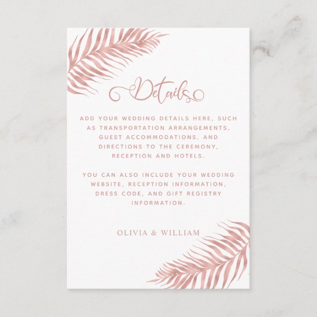 Rose Gold Tropical Palm Leaf White Wedding Details Begleitkarte (Vorderseite)