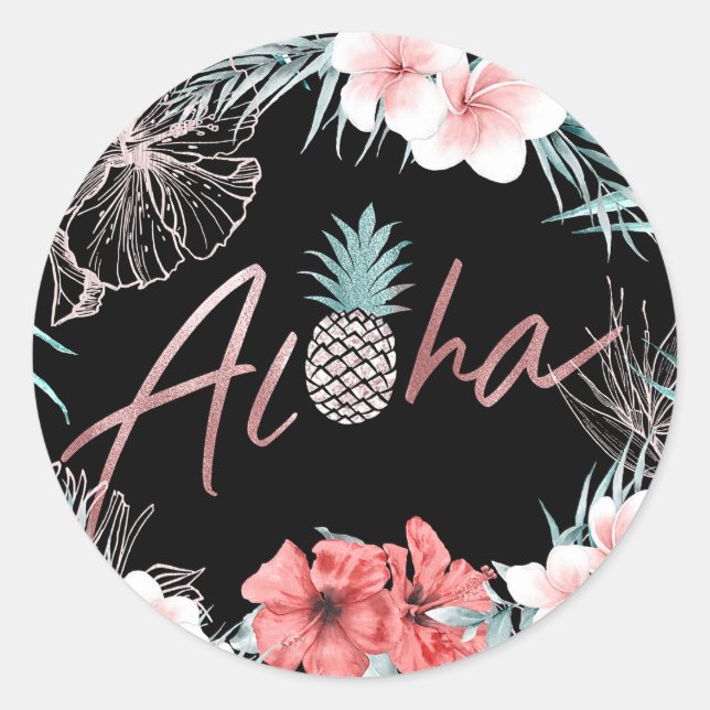 Rose Gold Tropische Ananas Aloha Luau Runder Aufkleber (Vorderseite)