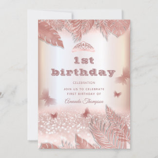 Rose Gold tropische Blätter Glitzer Schmetterling Einladung