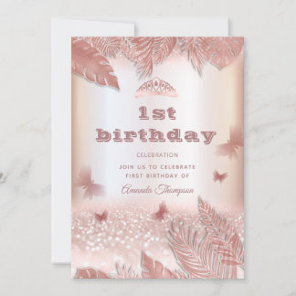 Rose Gold tropische Blätter Glitzer Schmetterling Einladung