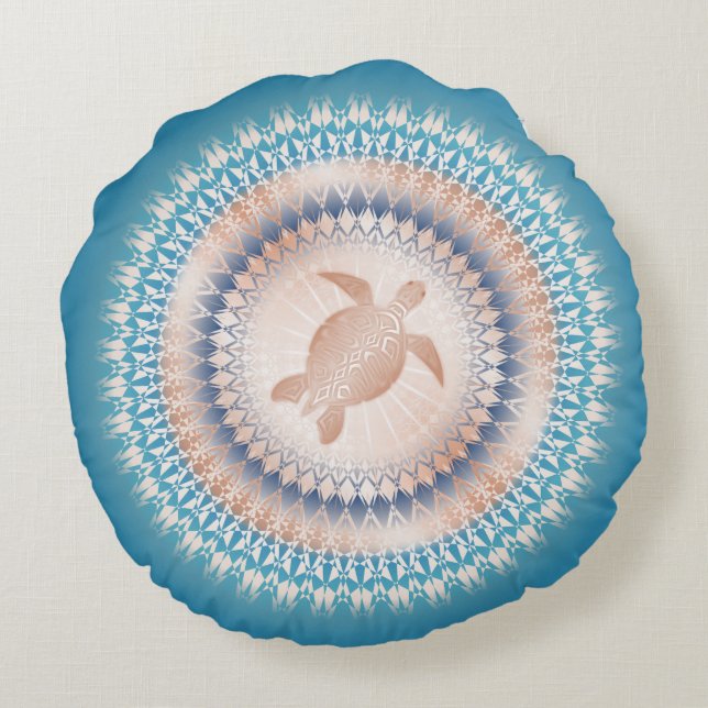 Rose Gold Turquoise Turtle Mandala | Küste Rundes Kissen (Rückseite)
