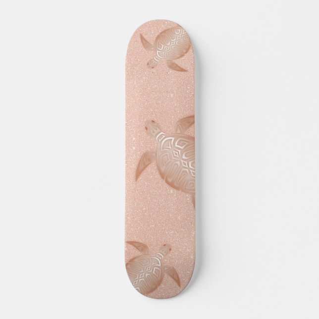 Rose Gold Turtle auf Rose Gold Glitzer Hintergrund Skateboard (Vorne)