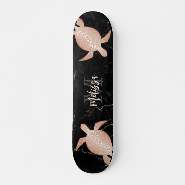 Rose Gold Turtle Black Marble Monogramm Skateboard (Vorne)