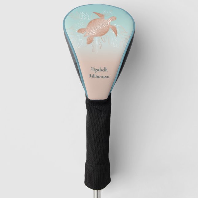 Rose Gold Turtle Tropical Blätter Monogramm Golf Headcover (Vorderseite)