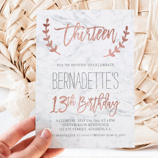 Rose Gold Typografie Federn Marmor 13. Geburtstag Einladung