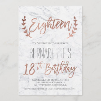 Rose Gold Typografie Federn Marmor 18. Geburtstag Einladung