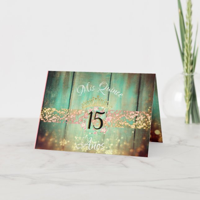 Rose Gold und Aquamarine rustikale Quinceñera Span Einladung (Vorderseite)