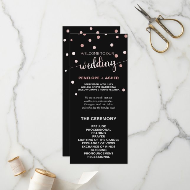 Rose Gold und Black Glam Confetti Hochzeitsprogram Programm (Vorderseite/Rückseite Beispiel)
