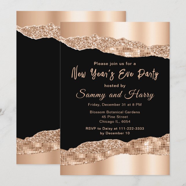 Rose Gold und Black Glam Tränen Neujahr Party Einladung (Vorne/Hinten)