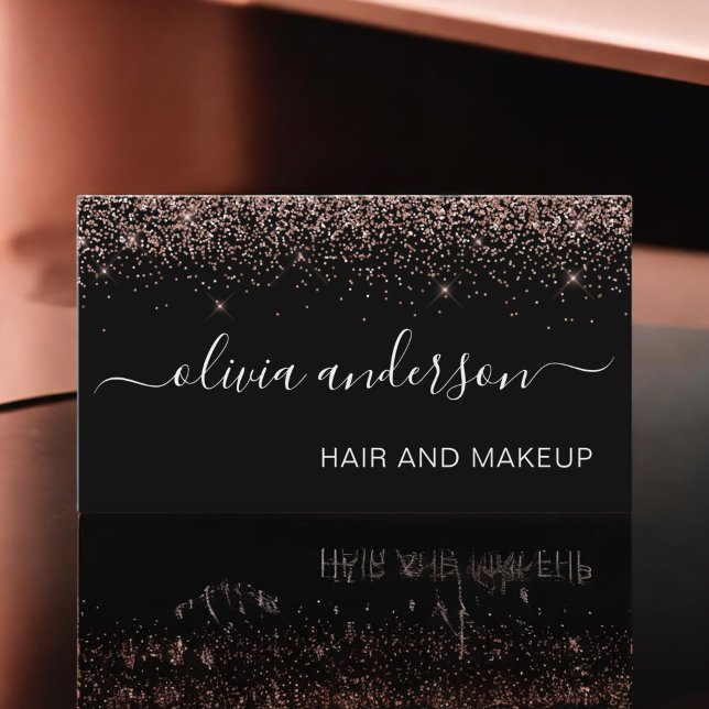 Rose Gold und Black Glitzer Haar Makeup Salon Visitenkarte (Von Creator hochgeladen)