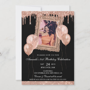 Rose Gold und Black Glitzer Tropfen Foto Frame Einladung