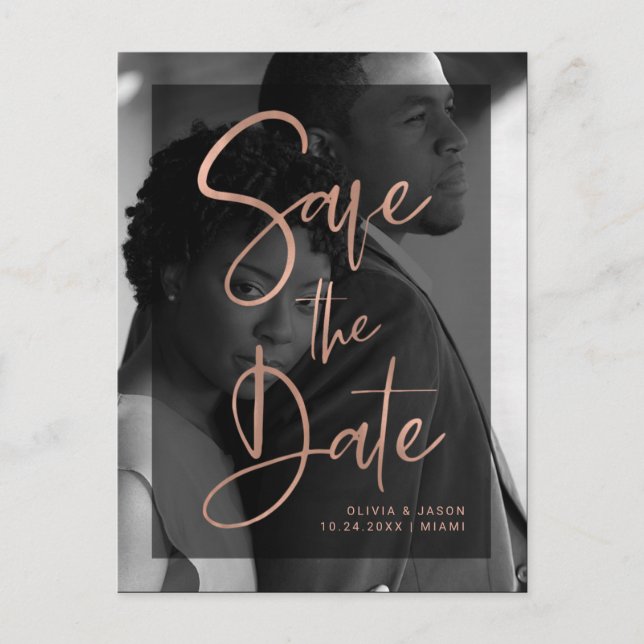 Rose Gold und Black Overlay | Foto Save the Date Ankündigungspostkarte (Vorderseite)