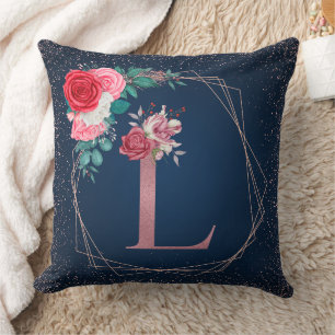Rose Gold und Blau L Monogram Floral Throw Kissen
